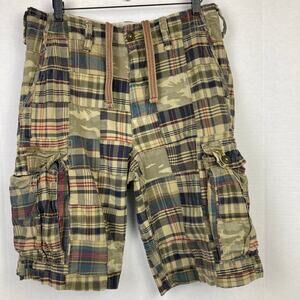 American Eagle Cargo Shorts Mens 32 Khaki Olive Tan Plaid Camo Patchwork Y2K